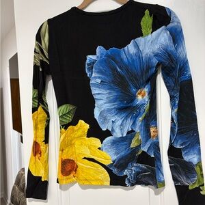 Alice + Olivia Black Jersey Top with Blue and Yellow Floral Print